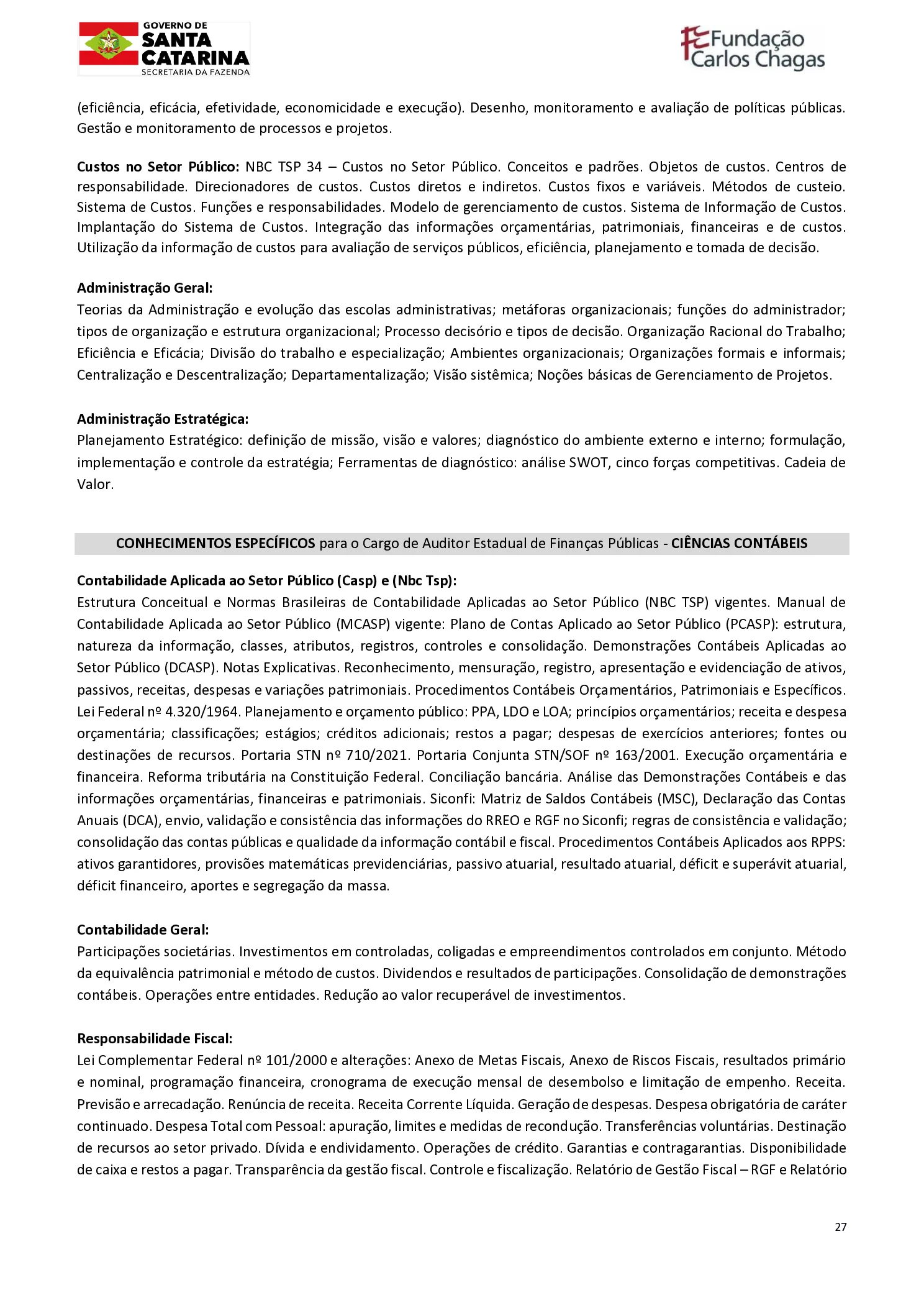 Página 27 do Edital nº 01/2026 com o conteúdo de Ciências Contábeis
