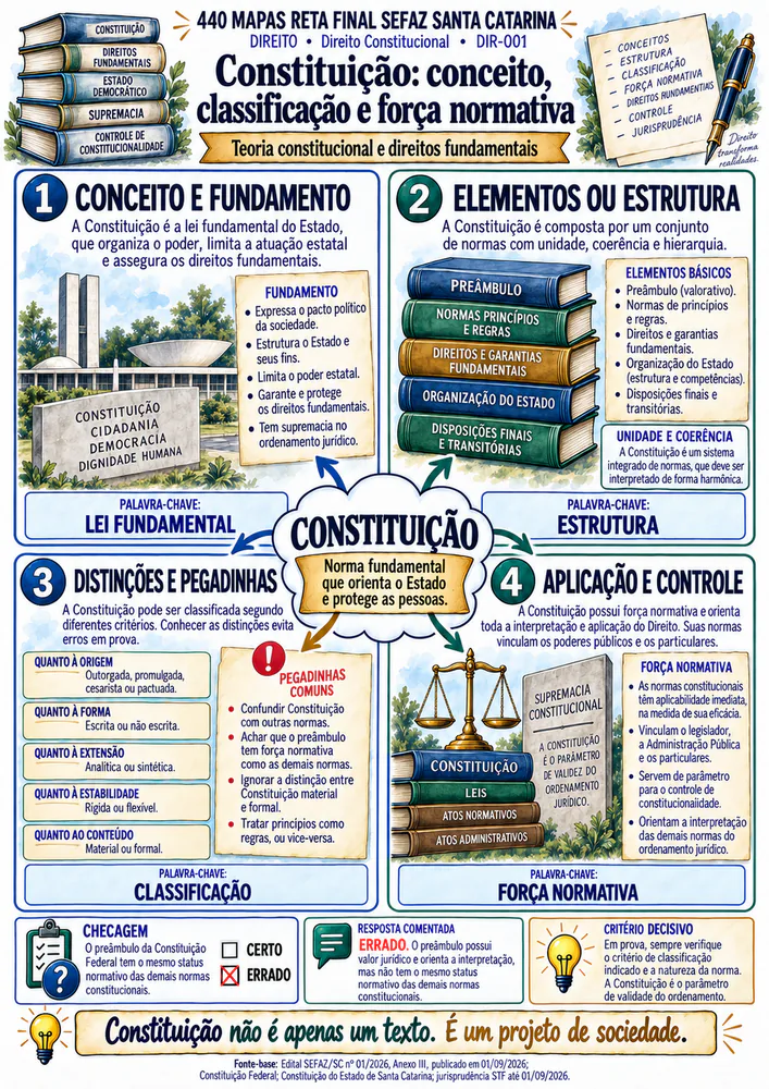 Mapa de Direito sobre conceito, classificação e força normativa da Constituição
